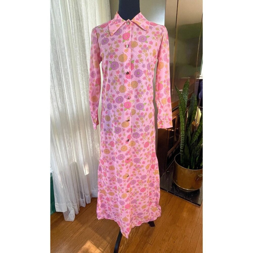 Vintage 70s maxi dress, pink purple yellow floral, MOD flower power, 4 (S)